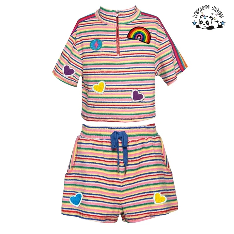 Customizable Summer Colorful Stripe Toweling T Shirt Shorts Patchwork Girls Clothing Sets Baby Girl Outfit Set