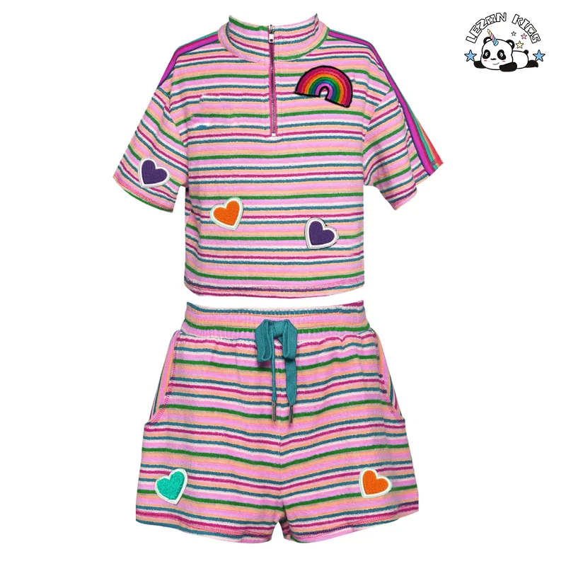 Customizable Summer Colorful Stripe Toweling T Shirt Shorts Patchwork Girls Clothing Sets Baby Girl Outfit Set - Product Image