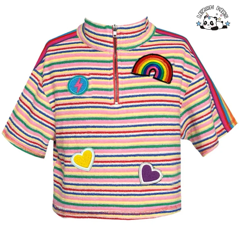 Customizable Summer Colorful Stripe Toweling T Shirt Shorts Patchwork Girls Clothing Sets Baby Girl Outfit Set - Product Image