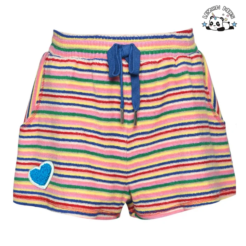 Customizable Summer Colorful Stripe Toweling T Shirt Shorts Patchwork Girls Clothing Sets Baby Girl Outfit Set - Product Image