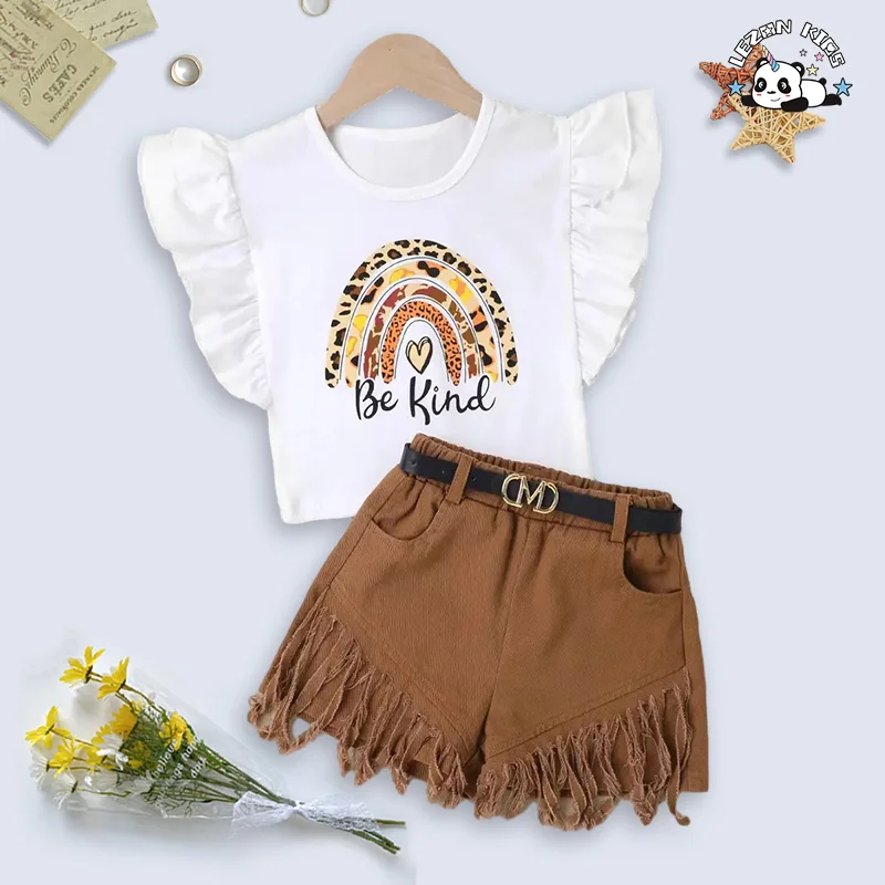 Customizable Summer Cute Letter Pattern Print Little Girls Boutique Girls Clothing Sets for 2-14T Kids - Product Image