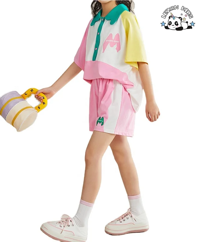 Customizable Summer Fashionable Girls' Short Sleeve T-shirt Set Casual Shorts Children's Sports Two Piece Set - Product Image