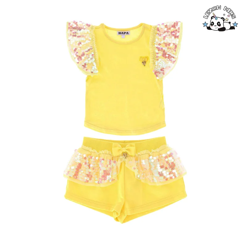 Customizable Summer Girls Clothing Outfit Short Sequin Ruffle Sleeve T Shirt Shorts Girls Clothing Sets