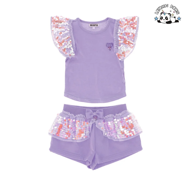 Customizable Summer Girls Clothing Outfit Short Sequin Ruffle Sleeve T Shirt Shorts Girls Clothing Sets - Product Image