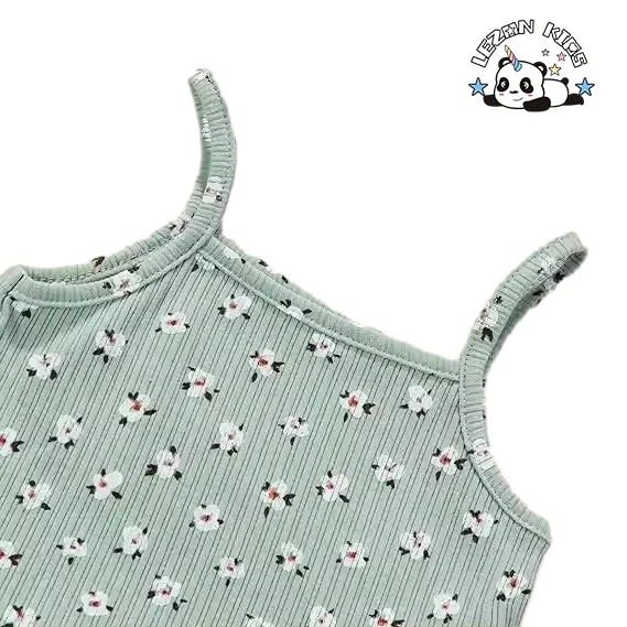 Customizable Summer Girls Clothing Set Floral Ruffled Strap Crop Tops Shorts Pants Cotton Casual Western Style with Logo Pattern - Product Image