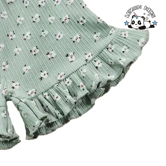 Customizable Summer Girls Clothing Set Floral Ruffled Strap Crop Tops Shorts Pants Cotton Casual Western Style with Logo Pattern - Product Image