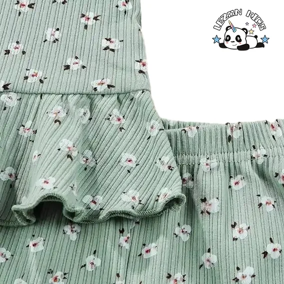 Customizable Summer Girls Clothing Set Floral Ruffled Strap Crop Tops Shorts Pants Cotton Casual Western Style with Logo Pattern - Product Image