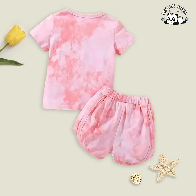Conjunto de Roupas Personalizáveis para Meninas de 2 Peças - Camiseta Tie-Dye de Manga Curta e Calção para o Verão - Product Image