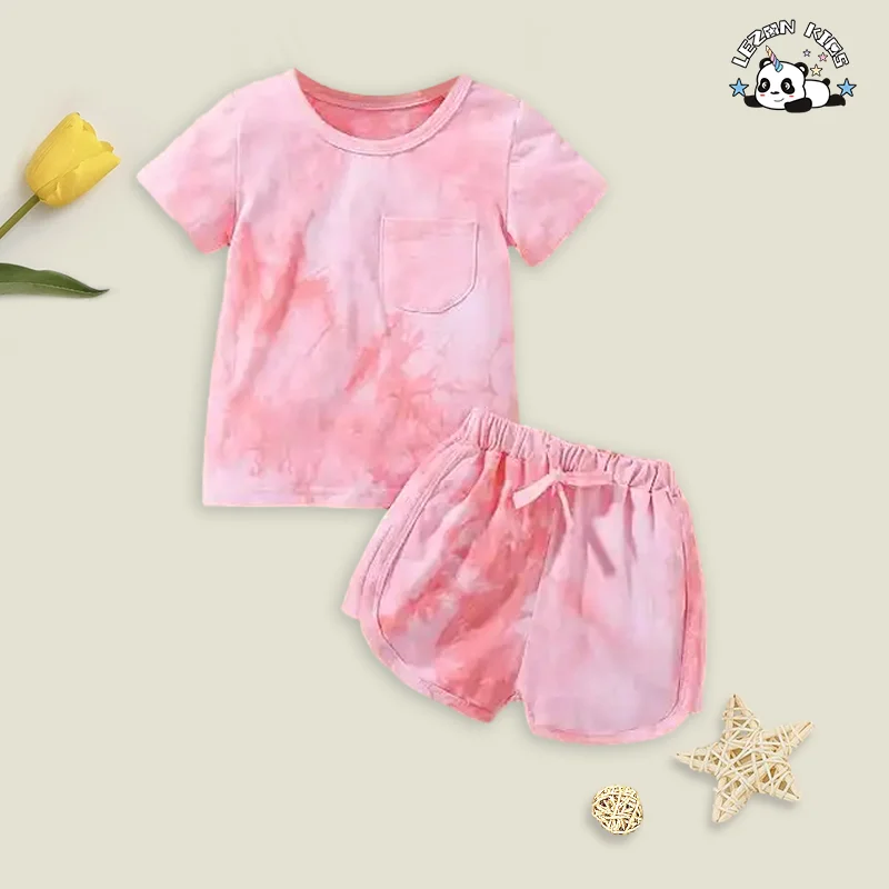 Conjunto de Roupas Personalizáveis para Meninas de 2 Peças - Camiseta Tie-Dye de Manga Curta e Calção para o Verão - Product Image