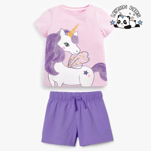 Customizable Summer Kids Girl Sweet Purple Unicorn Print Baby Girls Clothing Sets