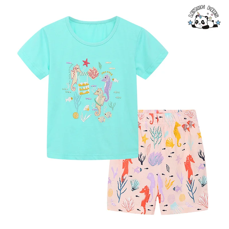Customizable Summer Kids Girl Sweet Purple Unicorn Print Baby Girls Clothing Sets - Product Image