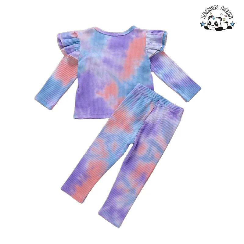 Conjunto de Roupas Casuais Esportivas para Meninas com Camisa de Manga Longa com Babados e Calças Longas Personalizáveis com Tie Dye para Crianças