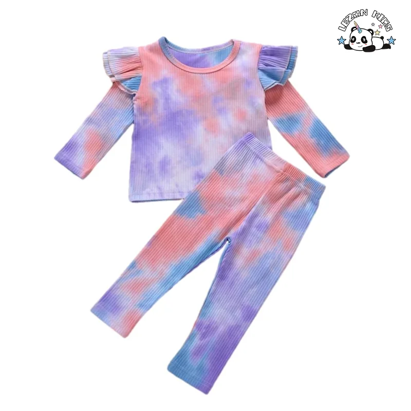 Conjunto de Roupas Casuais Esportivas para Meninas com Camisa de Manga Longa com Babados e Calças Longas Personalizáveis com Tie Dye para Crianças - Product Image