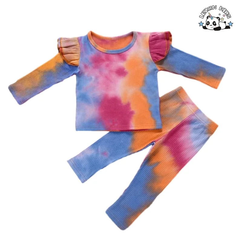 Conjunto de Roupas Casuais Esportivas para Meninas com Camisa de Manga Longa com Babados e Calças Longas Personalizáveis com Tie Dye para Crianças - Product Image