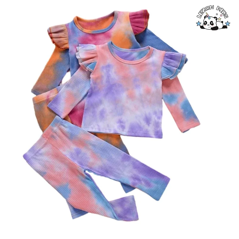Conjunto de Roupas Casuais Esportivas para Meninas com Camisa de Manga Longa com Babados e Calças Longas Personalizáveis com Tie Dye para Crianças - Product Image