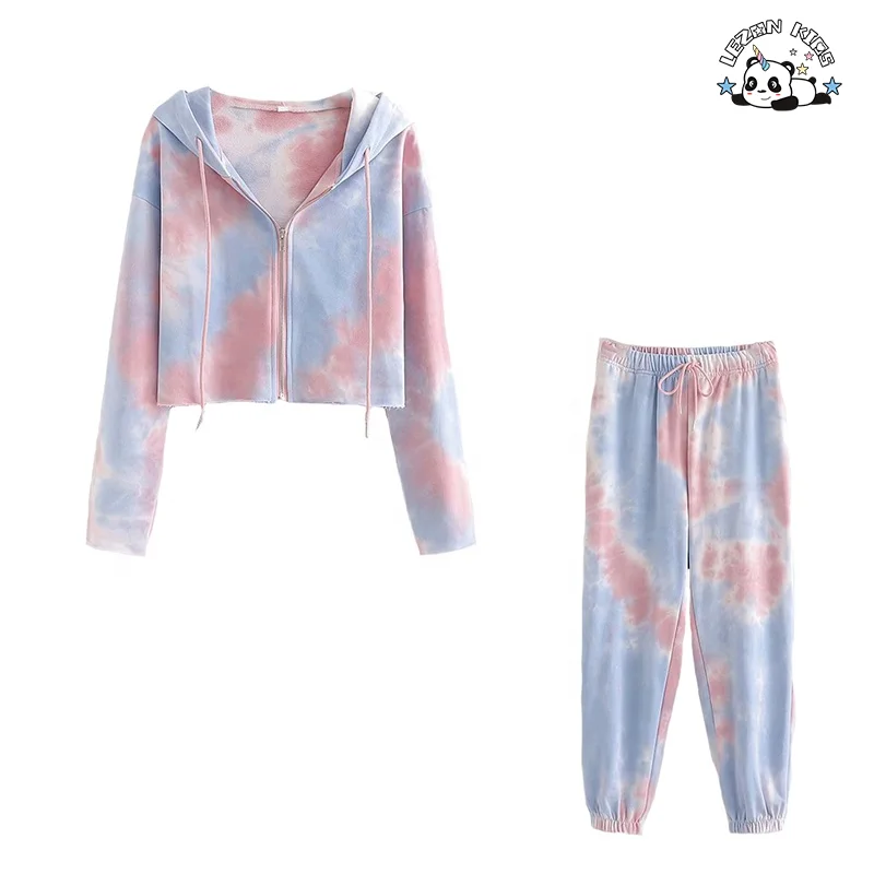 Customizable Tie-Dye Hoodie Joggers Tracksuit Kids Floral Pattern Fleece Soft Clothes