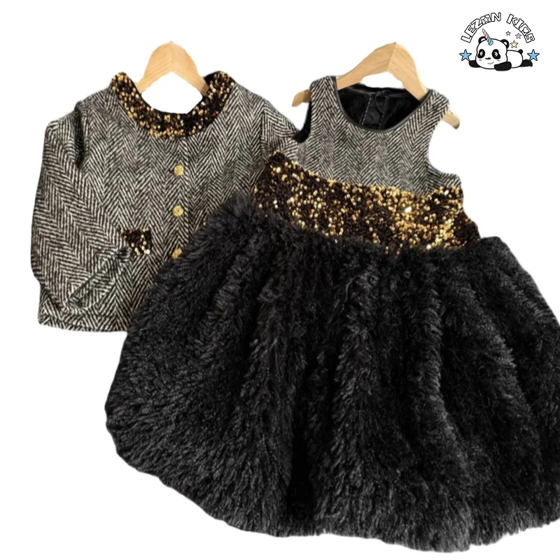 Customizable Velour Children Sleeveless Winter Dresses Set Winter Jacket Girl Clothing Set