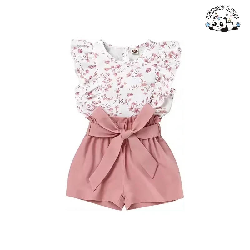 Customizable Wholesale Baby Girl Clothes 2pcs Ruffle Outfits White Shirt Tops+ Denim Pants Jeans for Girls - Product Image