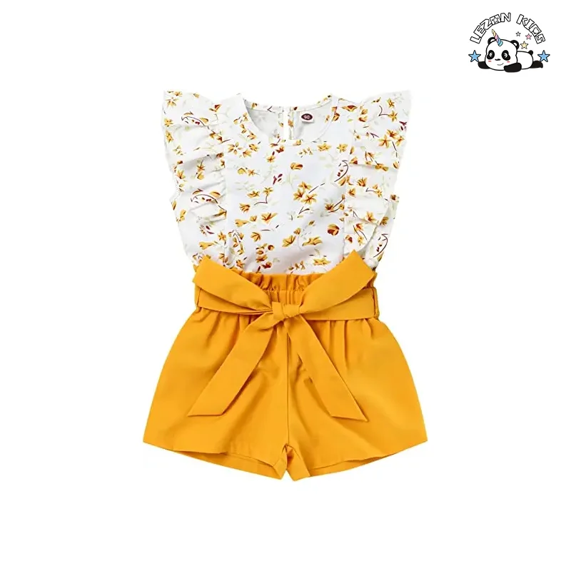 Customizable Wholesale Baby Girl Clothes 2pcs Ruffle Outfits White Shirt Tops+ Denim Pants Jeans for Girls - Product Image