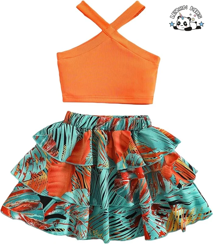 Customizable Wholesale High Quality Orange Sleeveless T-shirt and Pattern Printing Skirt  2pcs Girls Clothing Sets