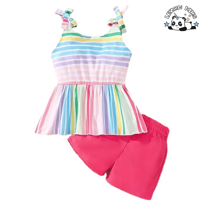 Customizable Wholesale New Products Cute rainbow Suspenders T-shirt and Shorts Little Girls Clothing Sets - Product Image