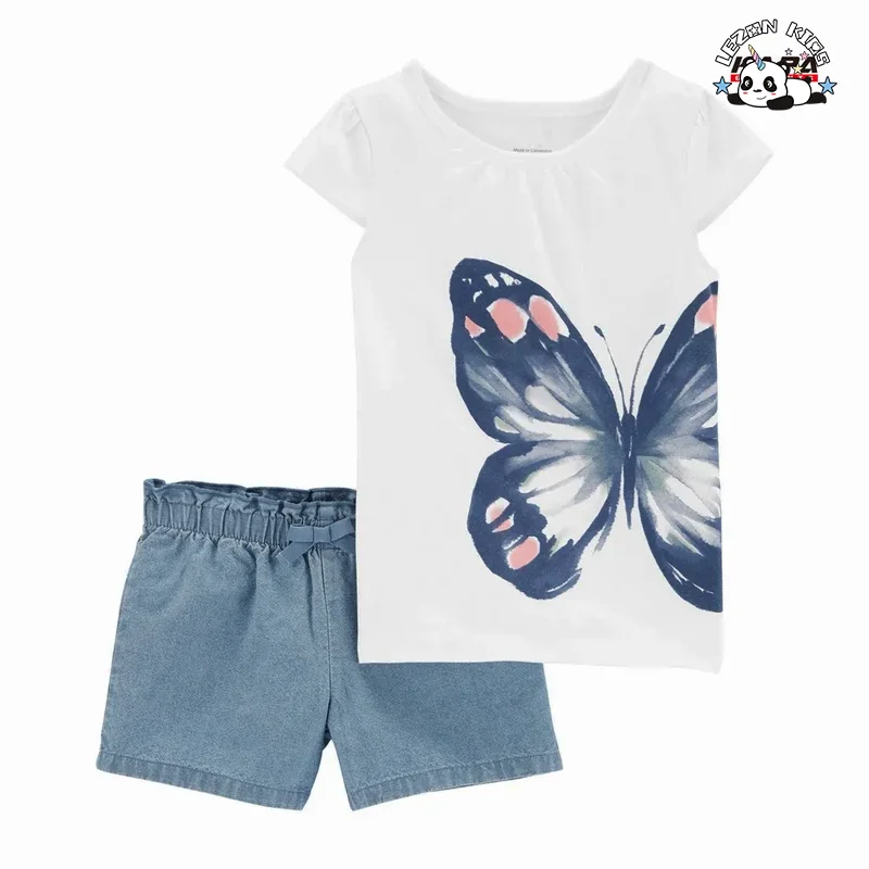 Customizable Wholesale OEM Soft Butterfly  Printed T Shirt Denim Short Pants Girls Summer Daily Set