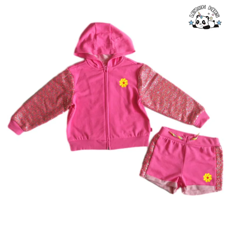Customization Autumn Pink Sequined Hoodie and Shorts Kids Tracksuits Sets for Girls