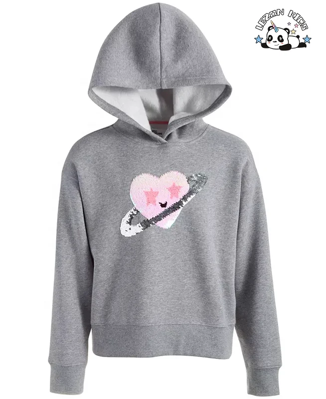 Customize  Girls Hoodie in spring with Sequin Heart patch  girls clothing set for 7years