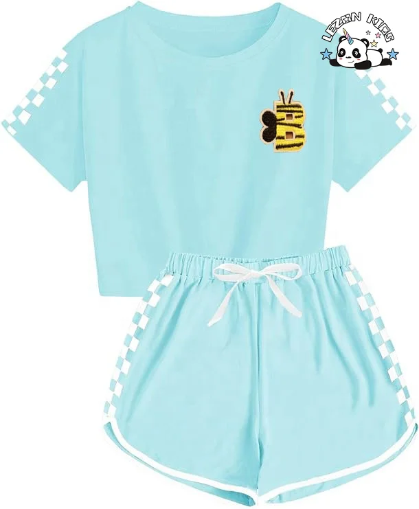 Conjunto de camiseta e shorts esportivos de verão personalizáveis para crianças com estampa xadrez, conjunto de roupas esportivas para meninas
