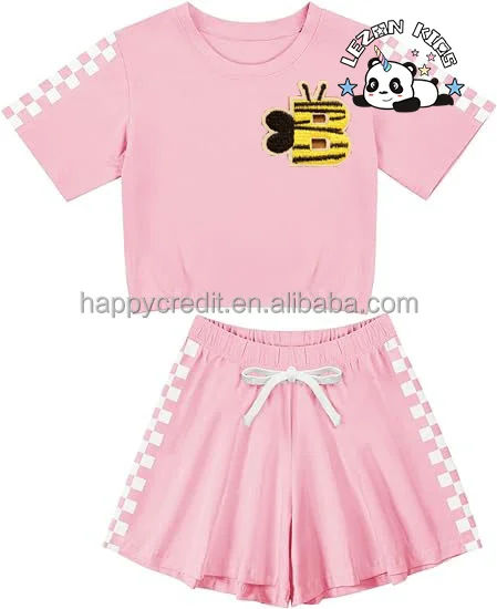 Conjunto de camiseta e shorts esportivos de verão personalizáveis para crianças com estampa xadrez, conjunto de roupas esportivas para meninas - Product Image