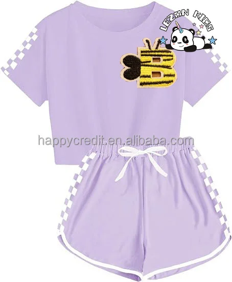 Conjunto de camiseta e shorts esportivos de verão personalizáveis para crianças com estampa xadrez, conjunto de roupas esportivas para meninas - Product Image
