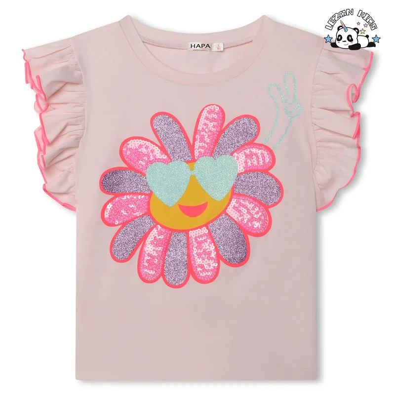 Customize kids shirt printed with sequin patches short flying sleeve custom brand logo kids shirt - Product Image