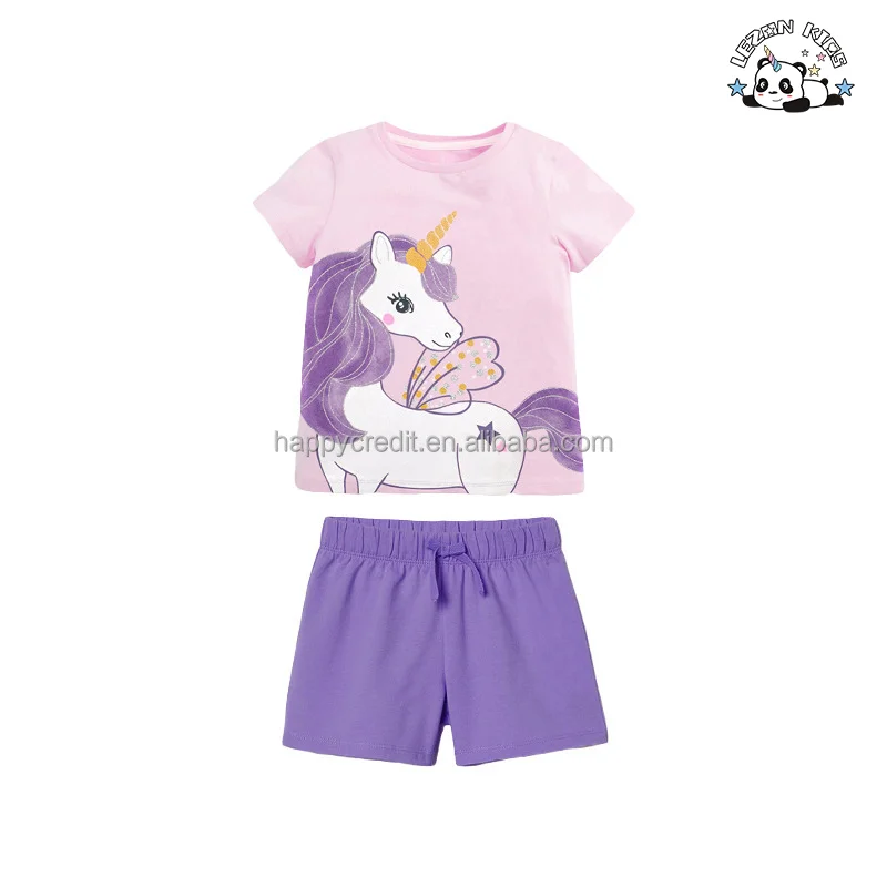 Personalizar conjuntos de moda para meninas com camiseta de manga curta com estampa de unicórnio e calças no verão para conjuntos de meninas