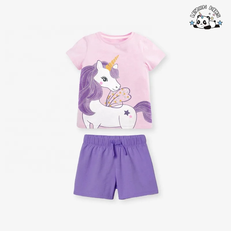 Personalizar conjuntos de moda para meninas com camiseta de manga curta com estampa de unicórnio e calças no verão para conjuntos de meninas - Product Image