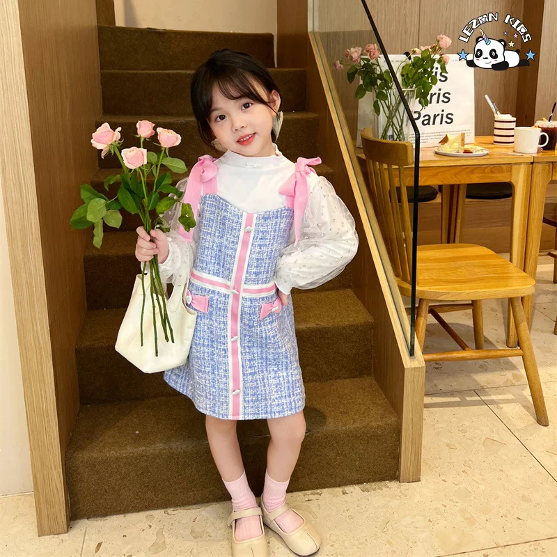 Customized Autumn Girls Dress Little Fragrance Sundress Sweet Mesh Bow Princess 2-Pieces Set