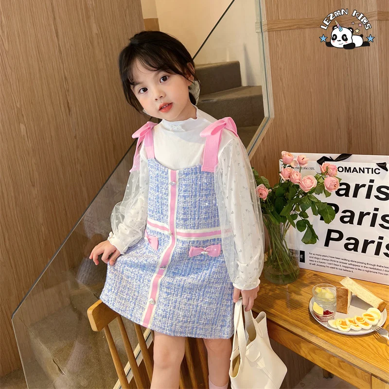 Customized Autumn Girls Dress Little Fragrance Sundress Sweet Mesh Bow Princess 2-Pieces Set - Product Image