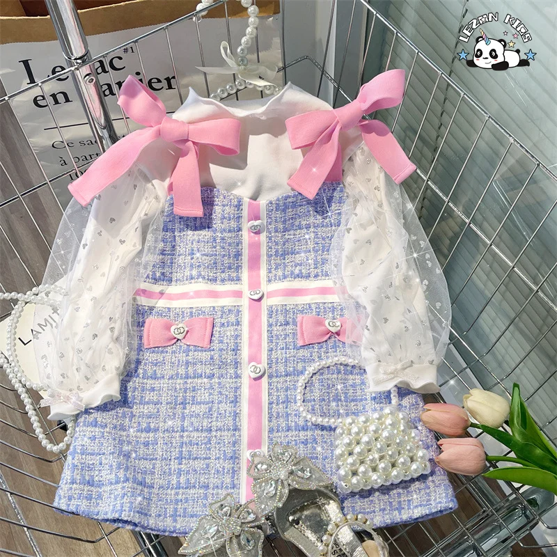 Customized Autumn Girls Dress Little Fragrance Sundress Sweet Mesh Bow Princess 2-Pieces Set - Product Image