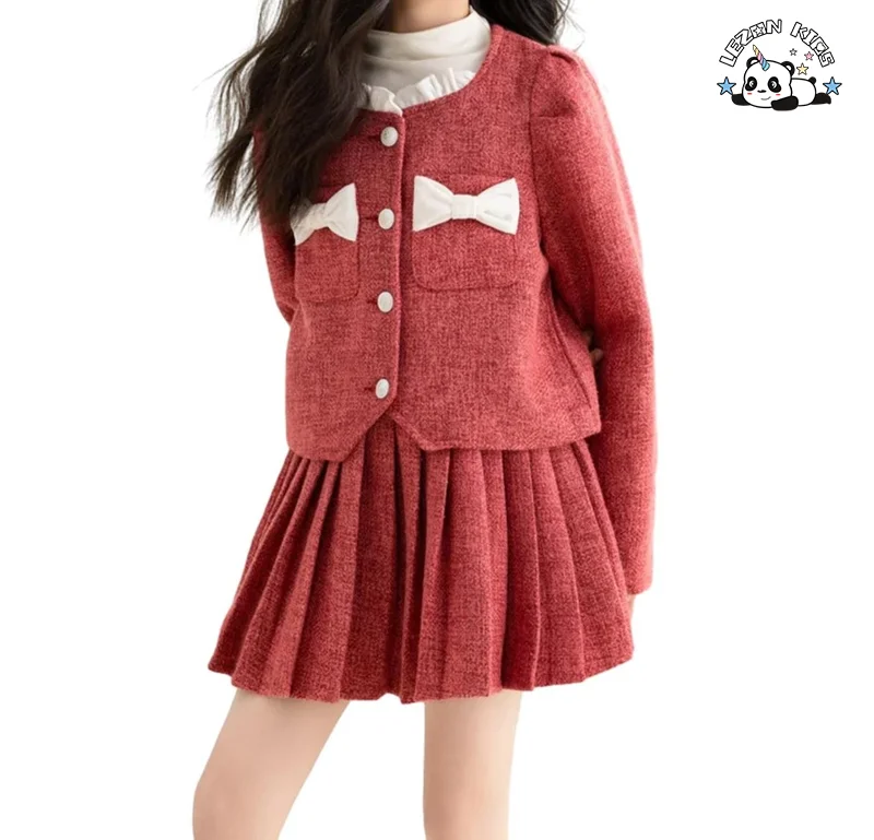 Customized Designer Kids Wear Girls Two-piece Tweed Suit Coat & Skirt Girls Clothing Set