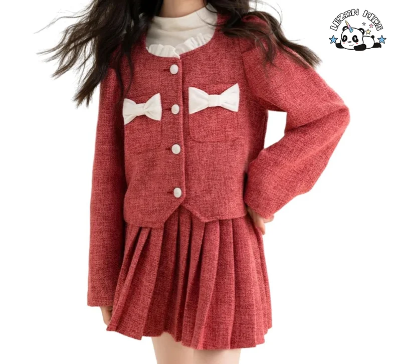 Customized Designer Kids Wear Girls Two-piece Tweed Suit Coat & Skirt Girls Clothing Set - Product Image