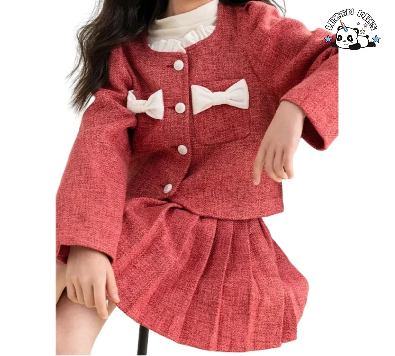 Customized Designer Kids Wear Girls Two-piece Tweed Suit Coat & Skirt Girls Clothing Set - Product Image