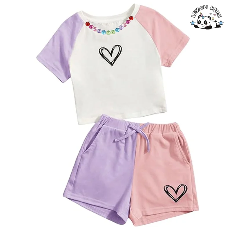 Customized Designs Beaded Set Color Block Kids Trackset Girls Clothing Sets for Summer