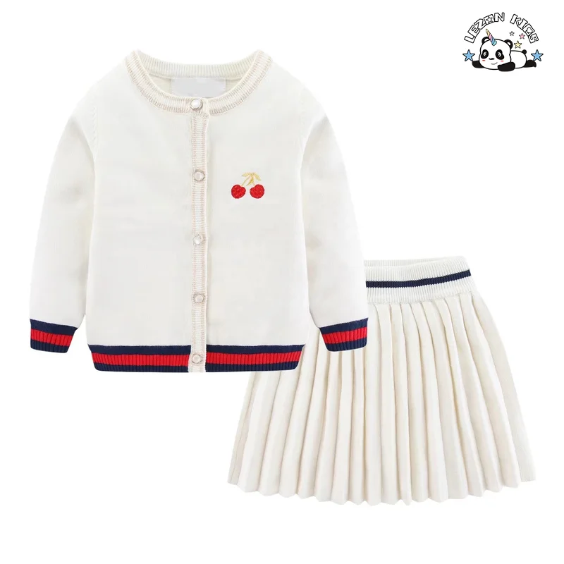 Customized Embroidery Kids Cardigan Sweater Pleated Skirt Suit Set Girls Two-piece Set
