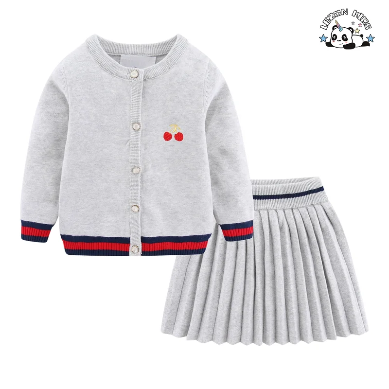 Customized Embroidery Kids Cardigan Sweater Pleated Skirt Suit Set Girls Two-piece Set - Product Image