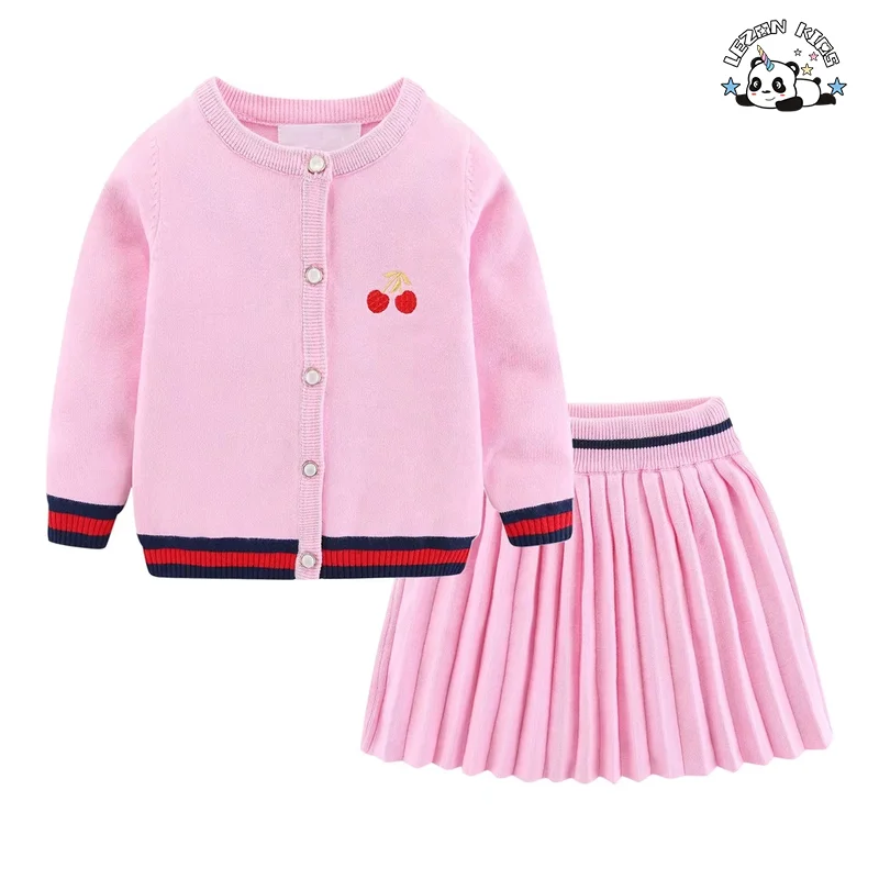 Customized Embroidery Kids Cardigan Sweater Pleated Skirt Suit Set Girls Two-piece Set - Product Image