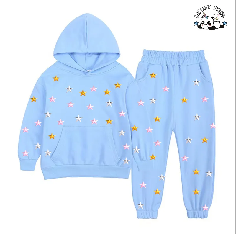 Conjunto de Roupas de Criança Personalizadas para Outono e Inverno Cores Estrelas Camiseta e Calça Jogger Casual Conjuntos de Roupas para Meninas