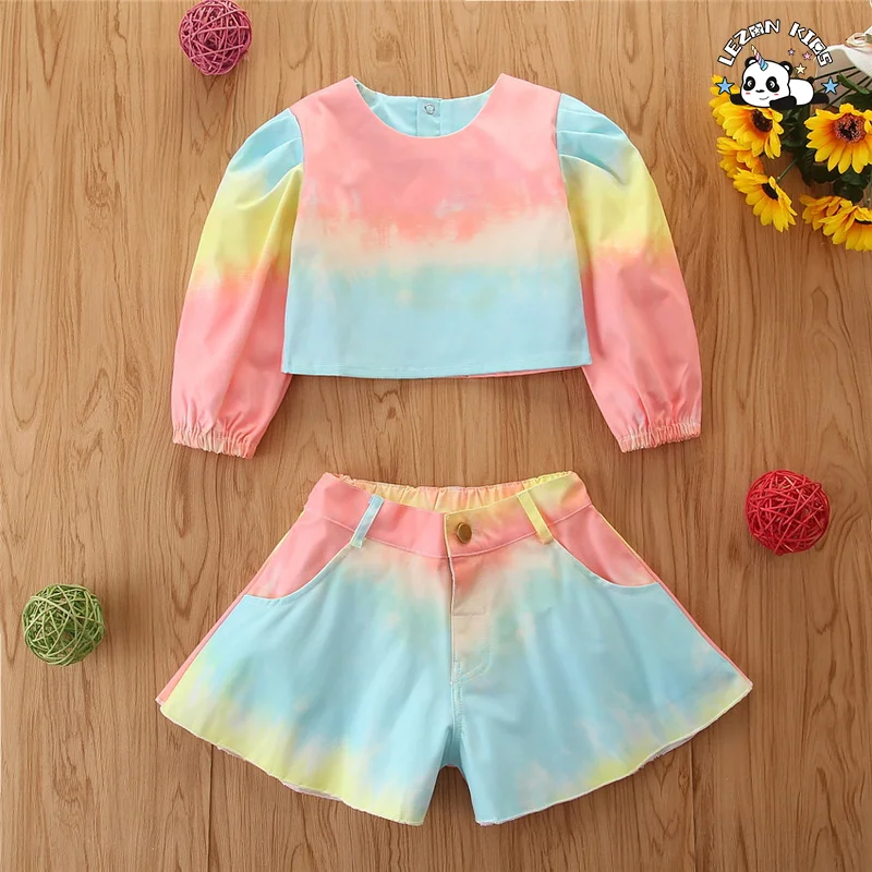 Customized Girl's Clothing Rainbow Color Long Lantern Sleeve Short Girls Clothing Sets OEM ODM Factory - Product Image