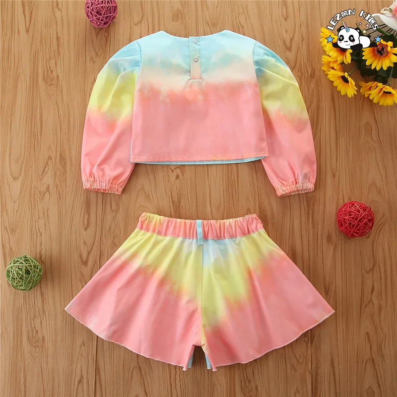 Customized Girl's Clothing Rainbow Color Long Lantern Sleeve Short Girls Clothing Sets OEM ODM Factory - Product Image