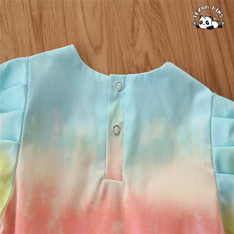Customized Girl's Clothing Rainbow Color Long Lantern Sleeve Short Girls Clothing Sets OEM ODM Factory - Product Image