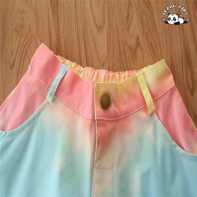 Customized Girl's Clothing Rainbow Color Long Lantern Sleeve Short Girls Clothing Sets OEM ODM Factory - Product Image