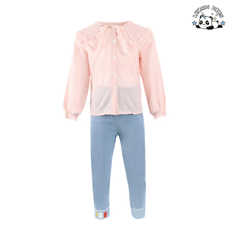 Customized Girls Clothing Sets Lace Ruffle Short Sleeve Denim Baby Girl Summer Kids Clothing Sets